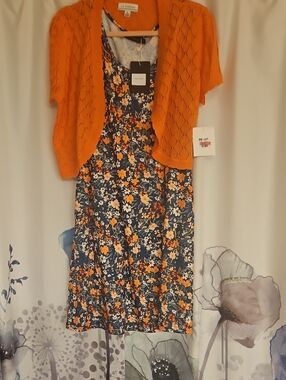 Orange Floral Mini Dress with Knit Cardigan